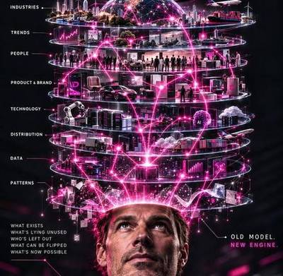 The layers of a market, connected by pink lines, above Niels' head